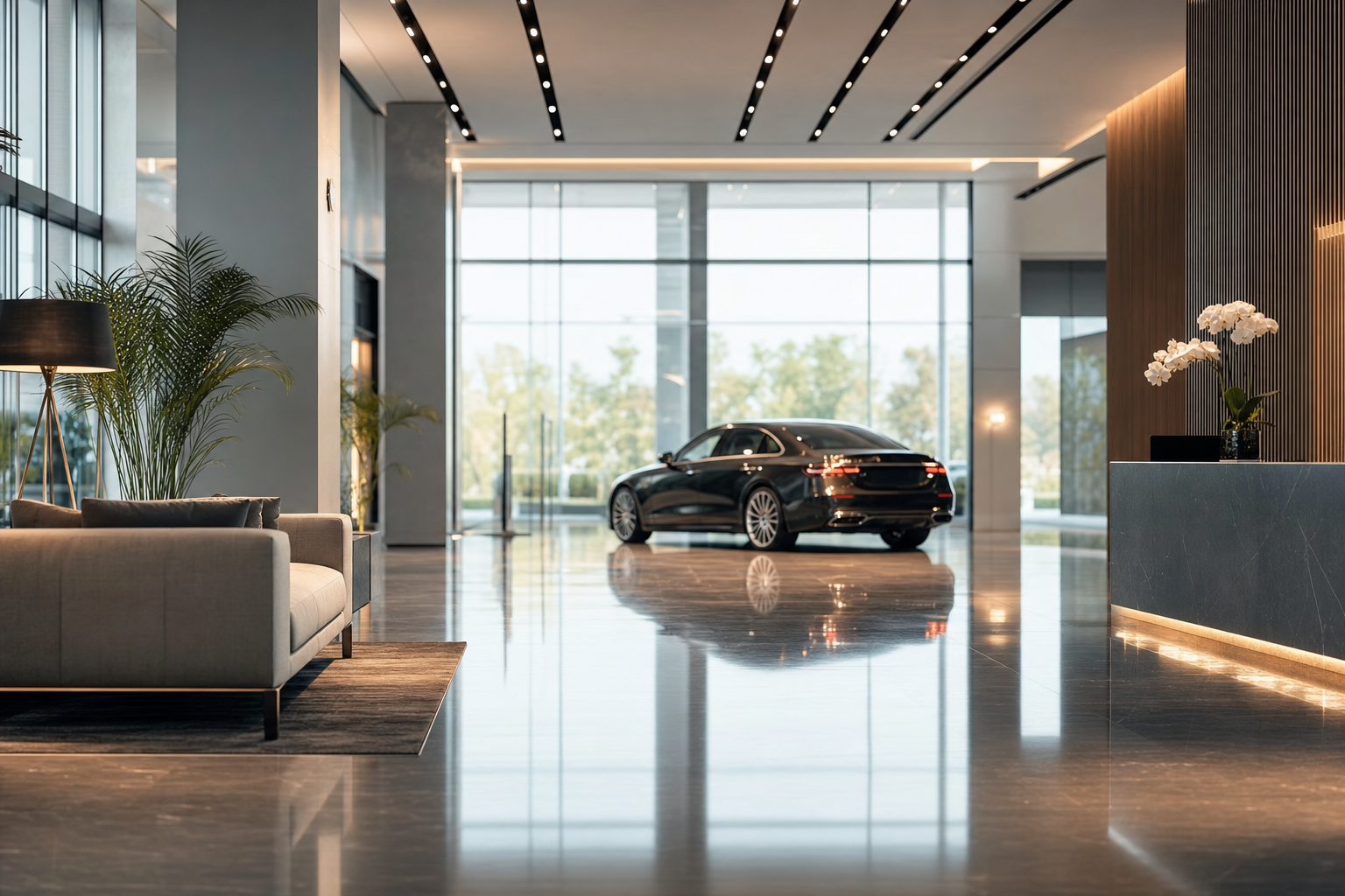 Luxury dealership showroom with polished reflective floors