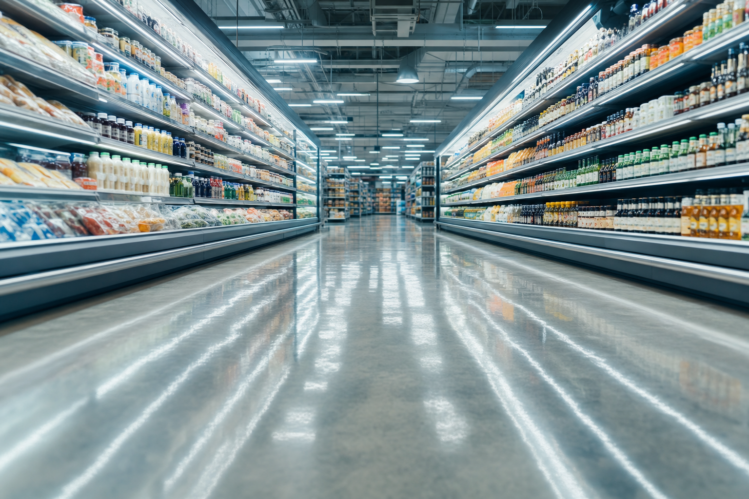 Polished grocery aisle with bright lighting and reflective concrete floors