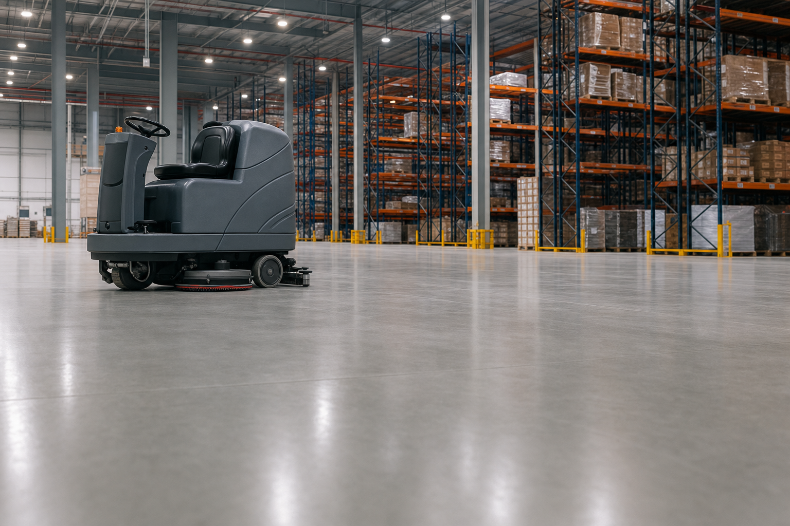Industrial floor scrubber in a clean warehouse